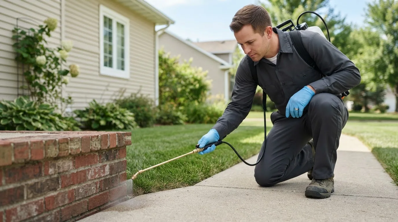 Pest control technician treating a home near Reston, VA